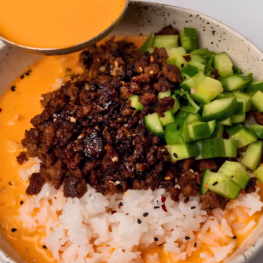 Crispy Ground Beef and Rice with Creamy Gochujang Broth Recipe