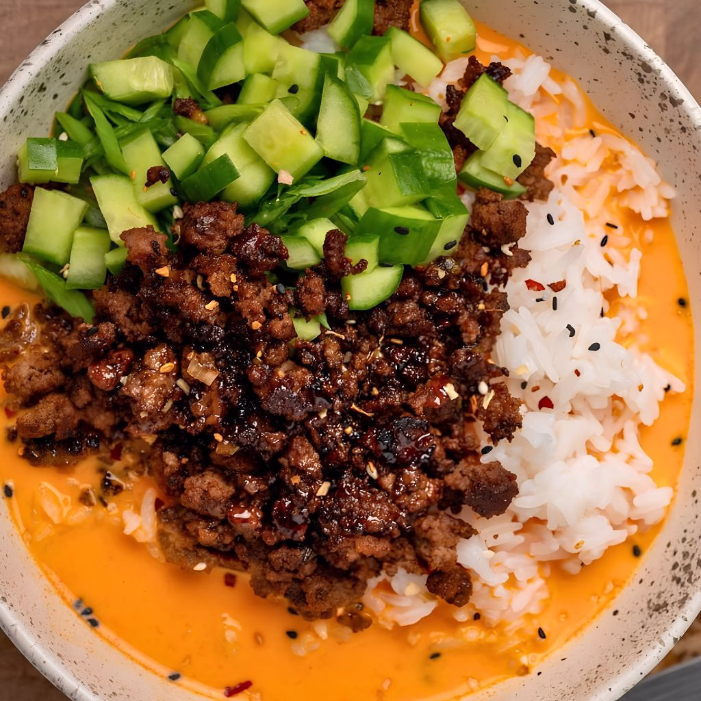 Crispy Ground Beef and Rice with Creamy Gochujang Broth