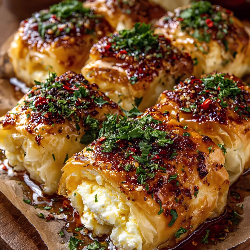 Crispy Stuffed Chicken Rolls with Whipped Feta and Hot Honey Drizzle Recipe