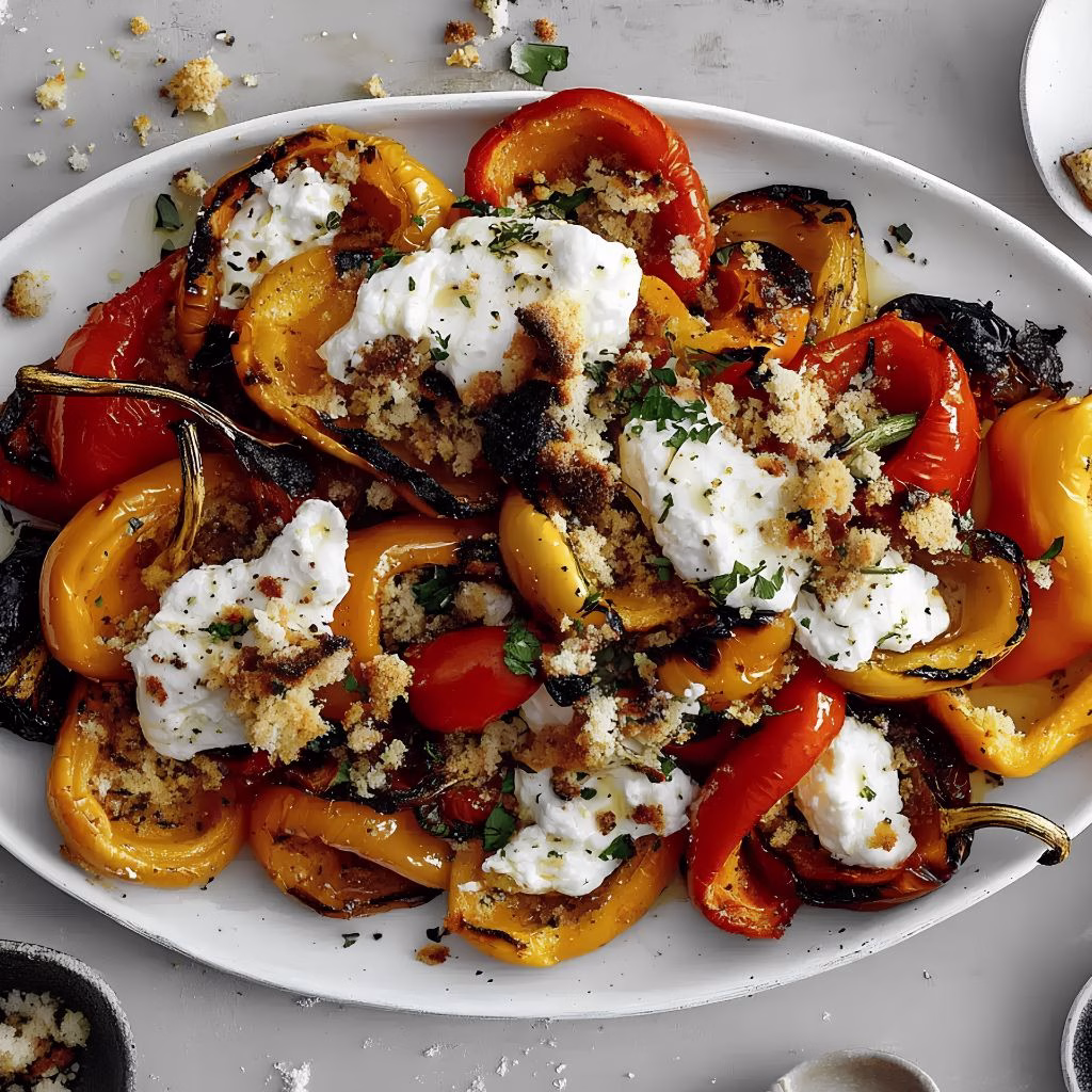 Grilled Marinated Peppers with Burrata and Crunchy Breadcrumbs Recipe