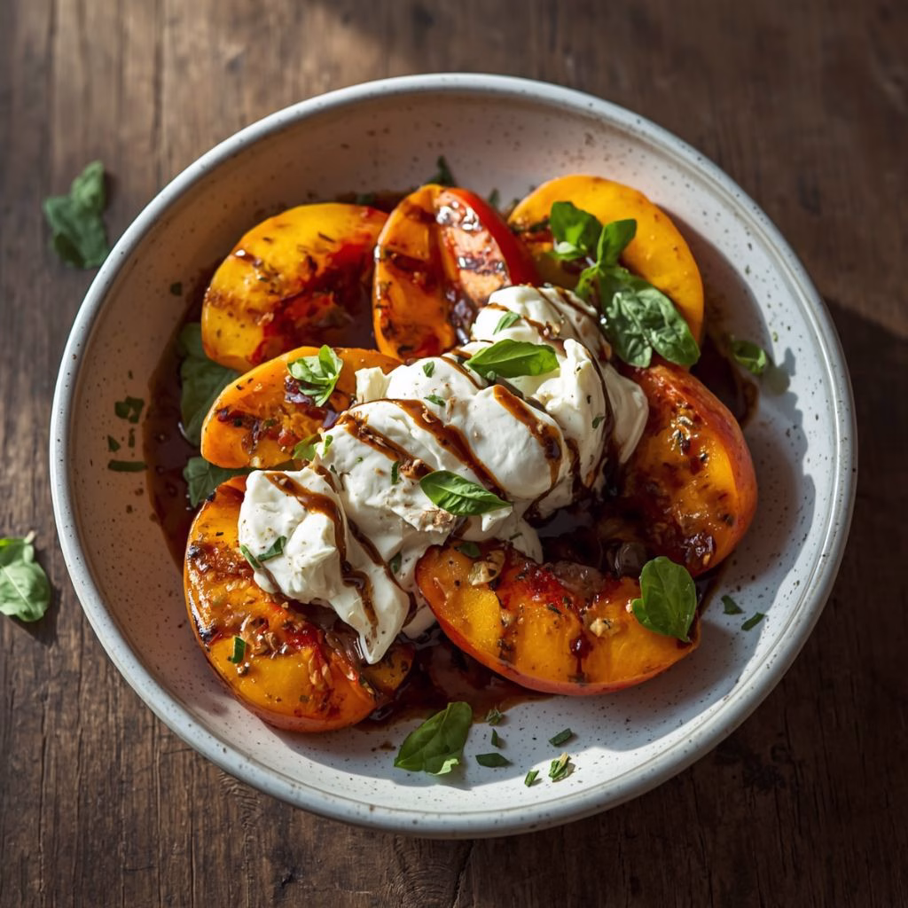 Grilled Peach Caprese with Torn Burrata & Aged Balsamic Recipe