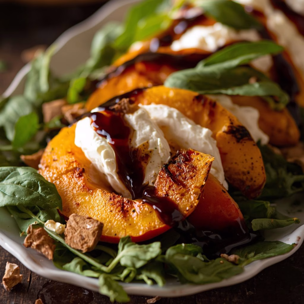 Grilled Peach Caprese with Torn Burrata & Aged Balsamic Recipe