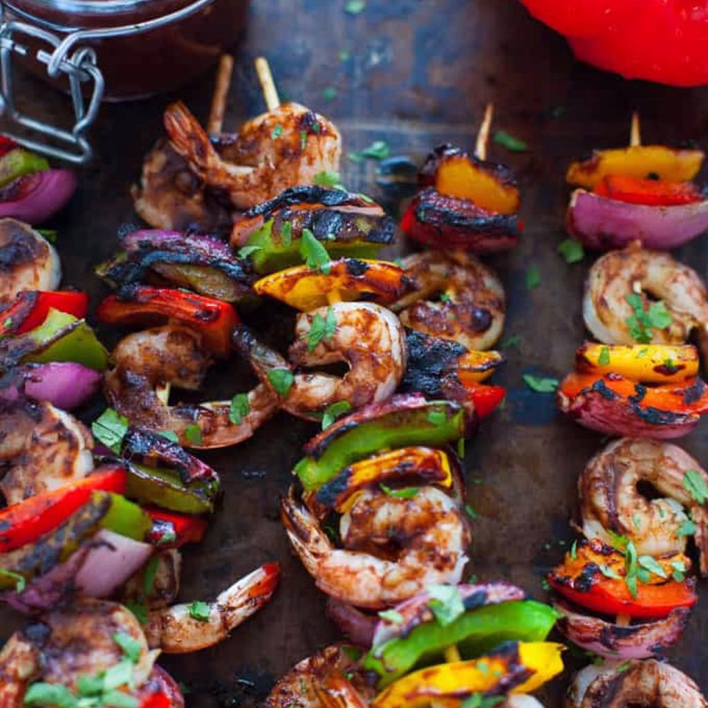 Grilled Shrimp Skewers with Blueberry BBQ Dip