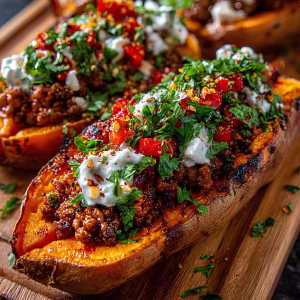 Harissa Beef & Roasted Pepper Sweet Potato Boats Recipe