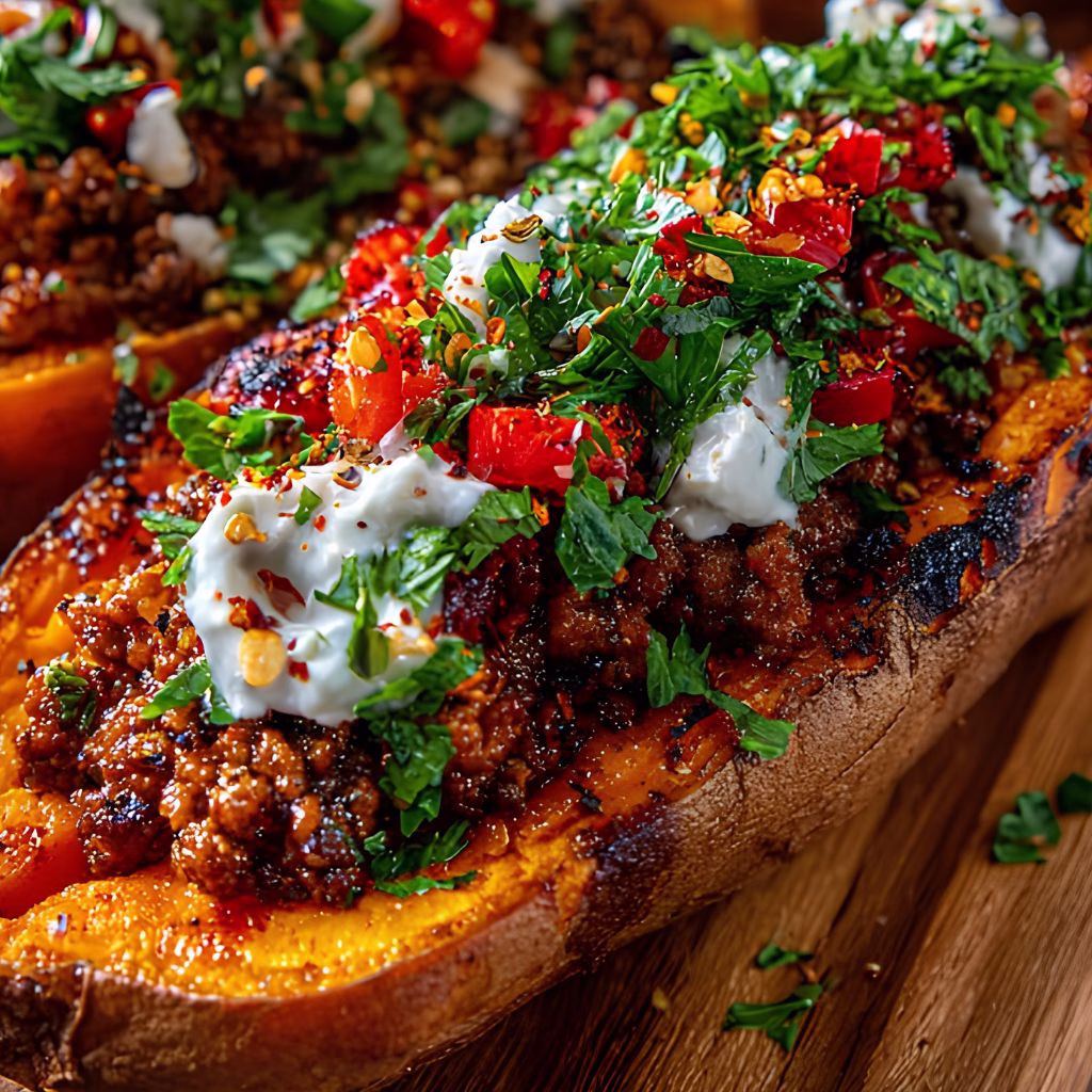 Harissa Beef & Roasted Pepper Sweet Potato Boats Recipe