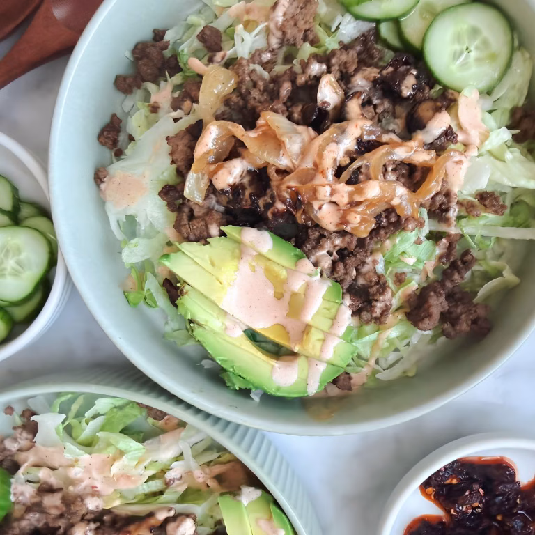 Hibachi Burger Bowls with Yum Yum Sauce