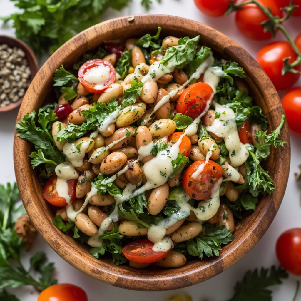 Kale Cannellini Bean Salad with Parmesan Garlic Dressing Recipe