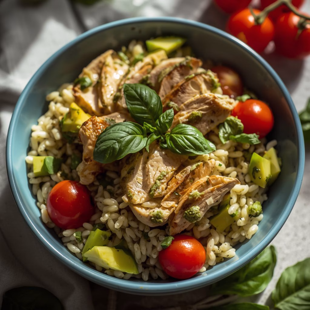 Pesto Chicken Avocado Orzo Salad
