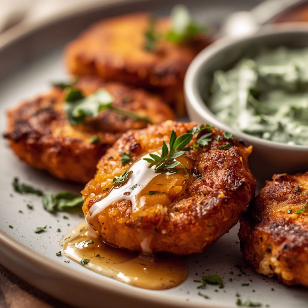 Sweet Potato Fritters with Spicy Spinach Feta Dip & Hot Honey