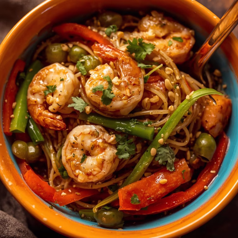 Thai Peanut Noodles with Shrimp and Stir-Fry Veggies Recipe