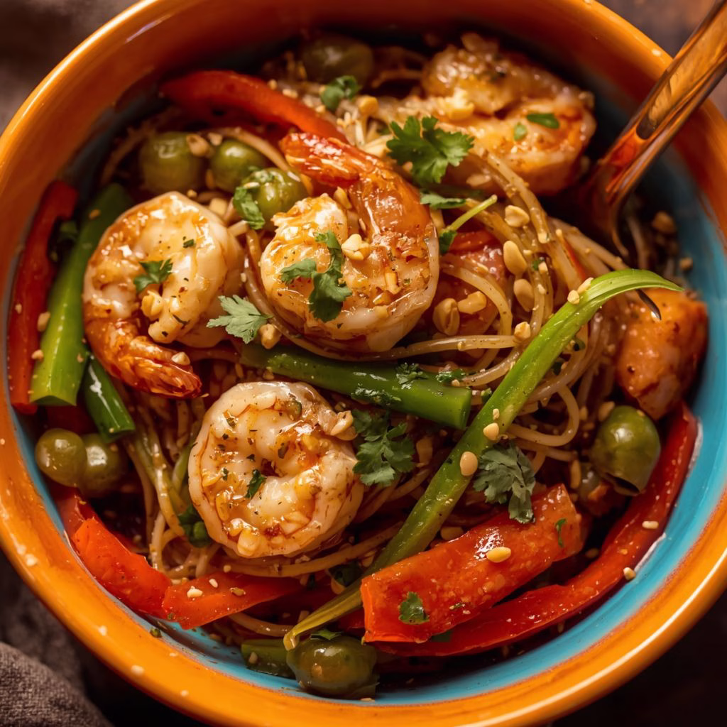 Thai Peanut Noodles with Shrimp and Stir-Fry Veggies Recipe