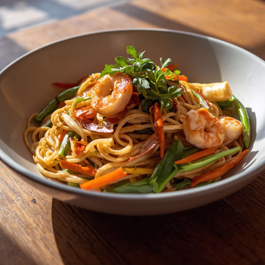 Thai Peanut Noodles with Shrimp and Stir-Fry Veggies Recipe