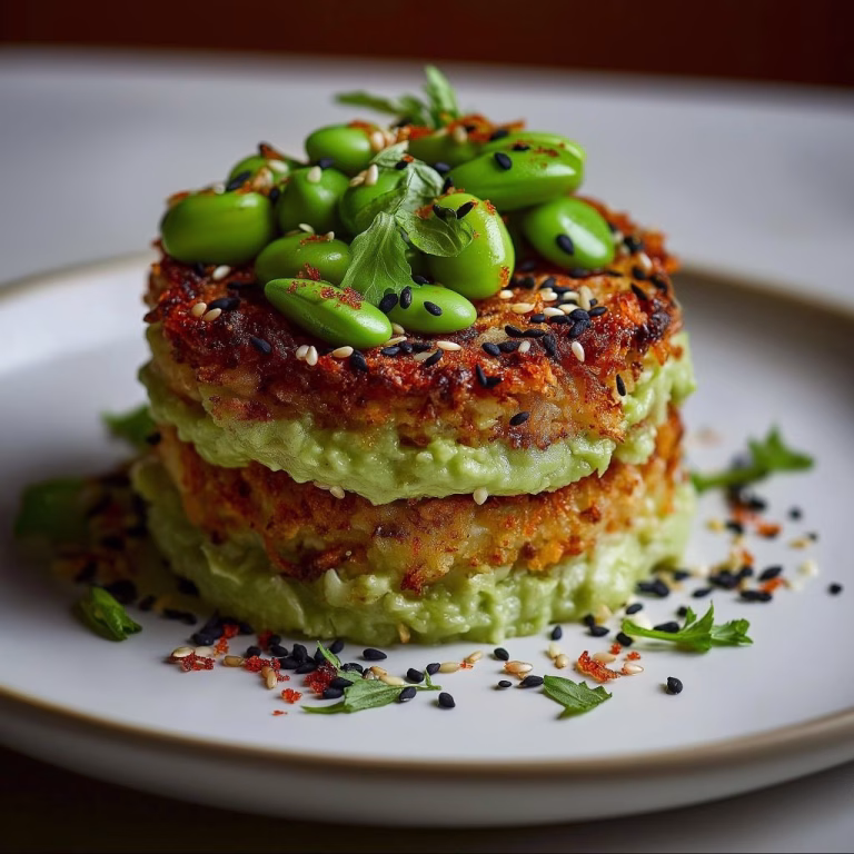 Crispy Rice Cakes with Edamame Whip & Sesame Avocado Recipe