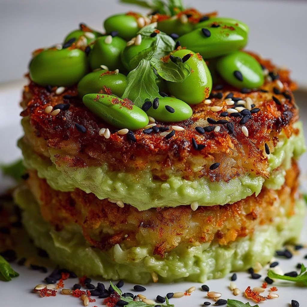Crispy Rice Cakes with Edamame Whip & Sesame Avocado Recipe