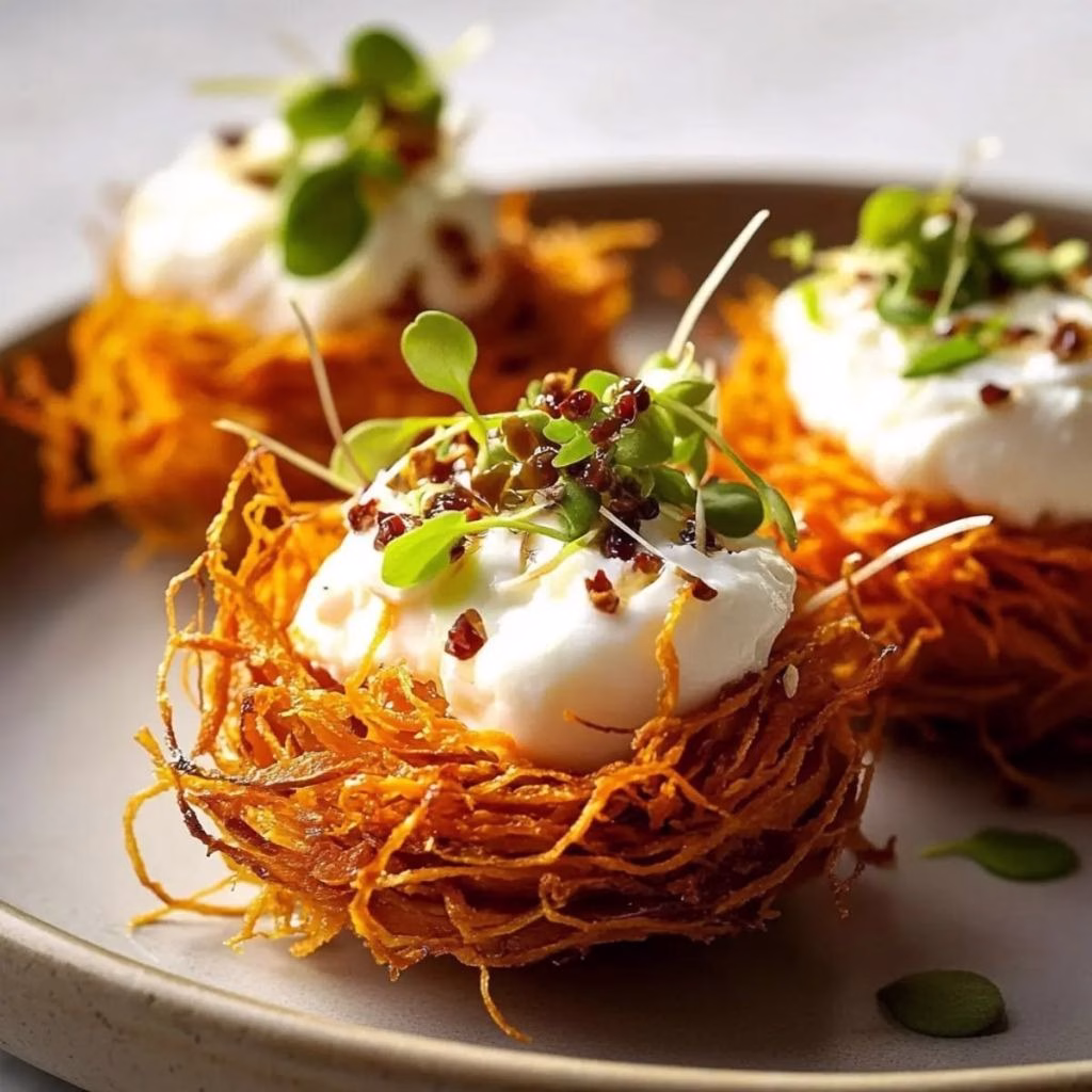 Sweet Potato Nests with Burrata and Chili Honey Bliss Recipe