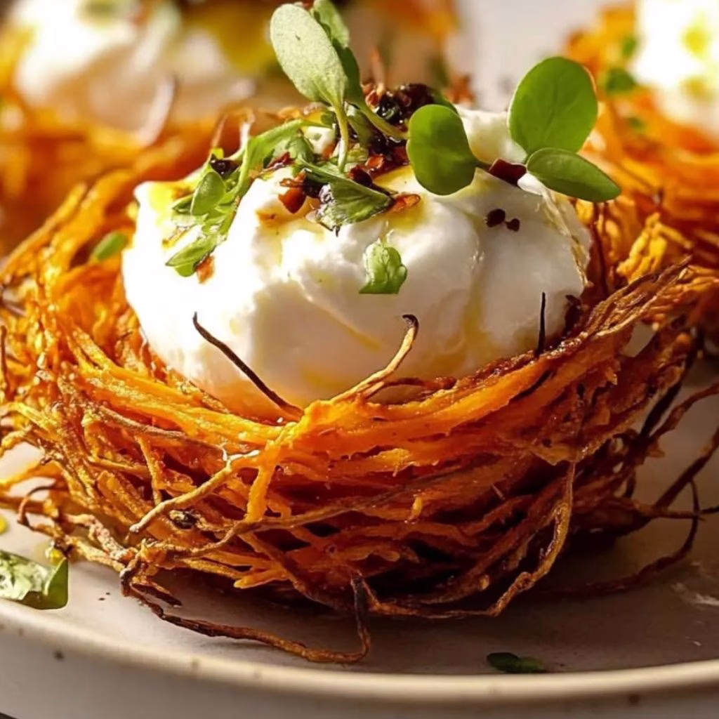 Sweet Potato Nests with Burrata and Chili Honey Bliss Recipe