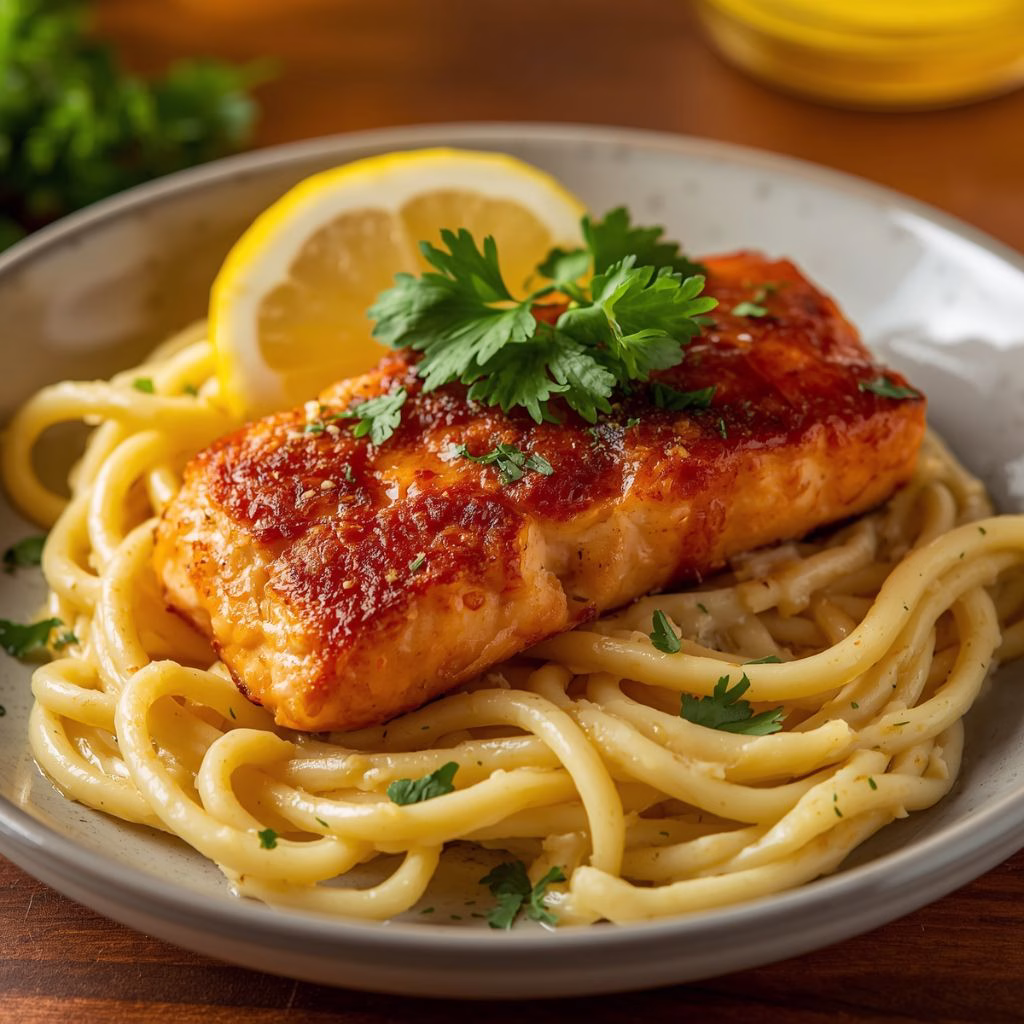 Cajun Honey Butter Salmon Bites Over Cheesy Linguine Recipe