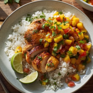 Cilantro Lime Chicken with Coconut Rice & Mango Salsa
