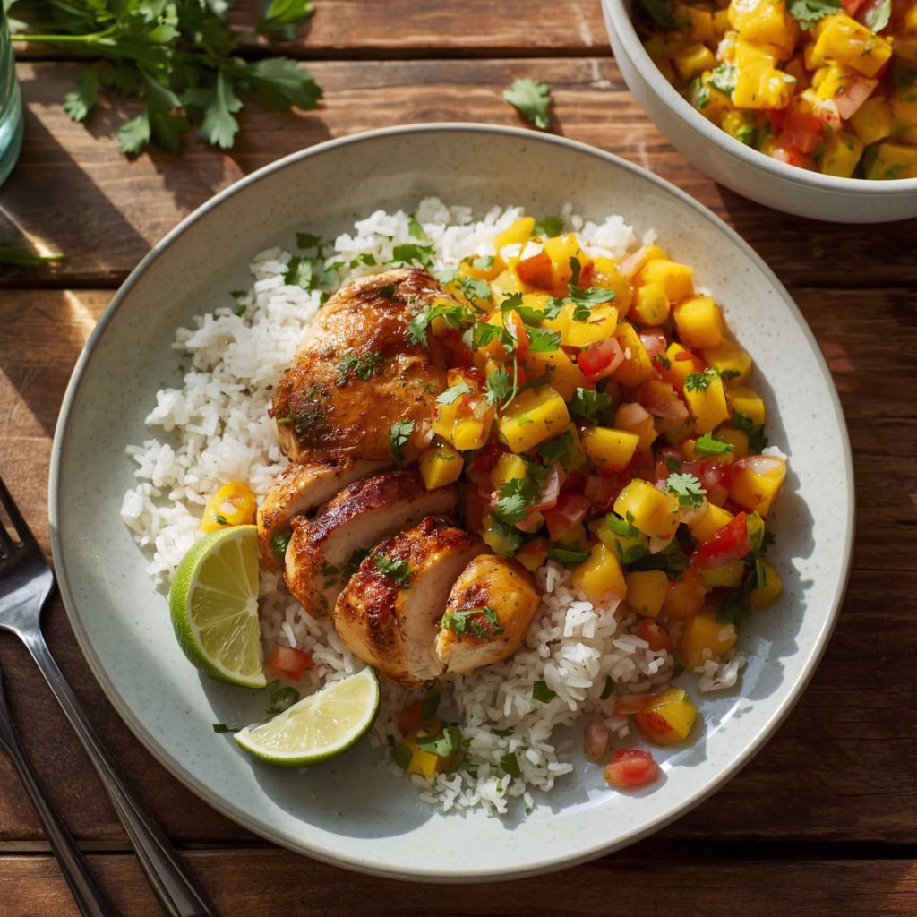 Cilantro Lime Chicken with Coconut Rice & Mango Salsa