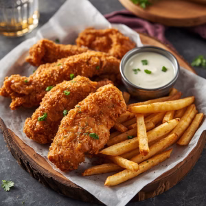 Crispy Chicken Tenders with Seasoned Fries & Creamy Herb Dip