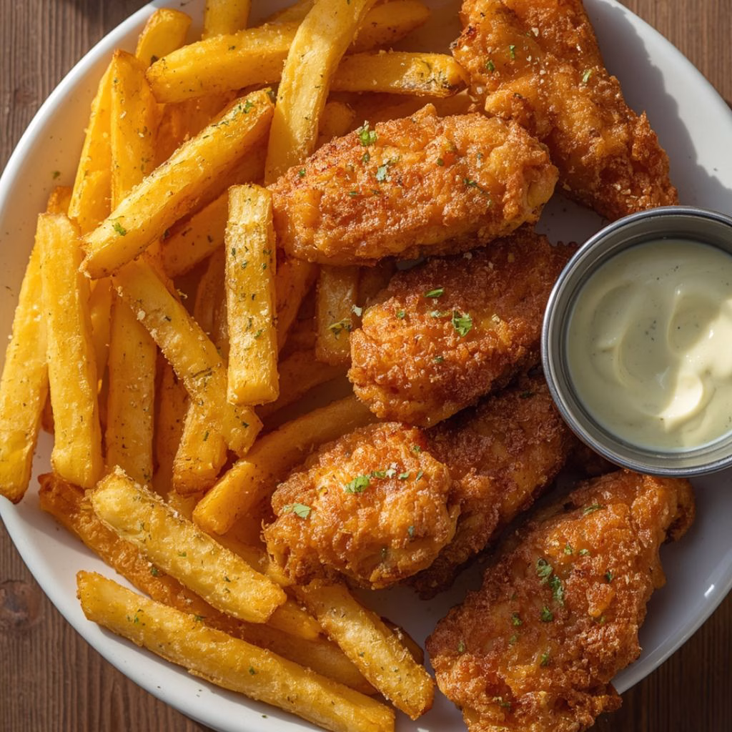 Crispy Chicken Tenders with Seasoned Fries & Creamy Herb Dip
