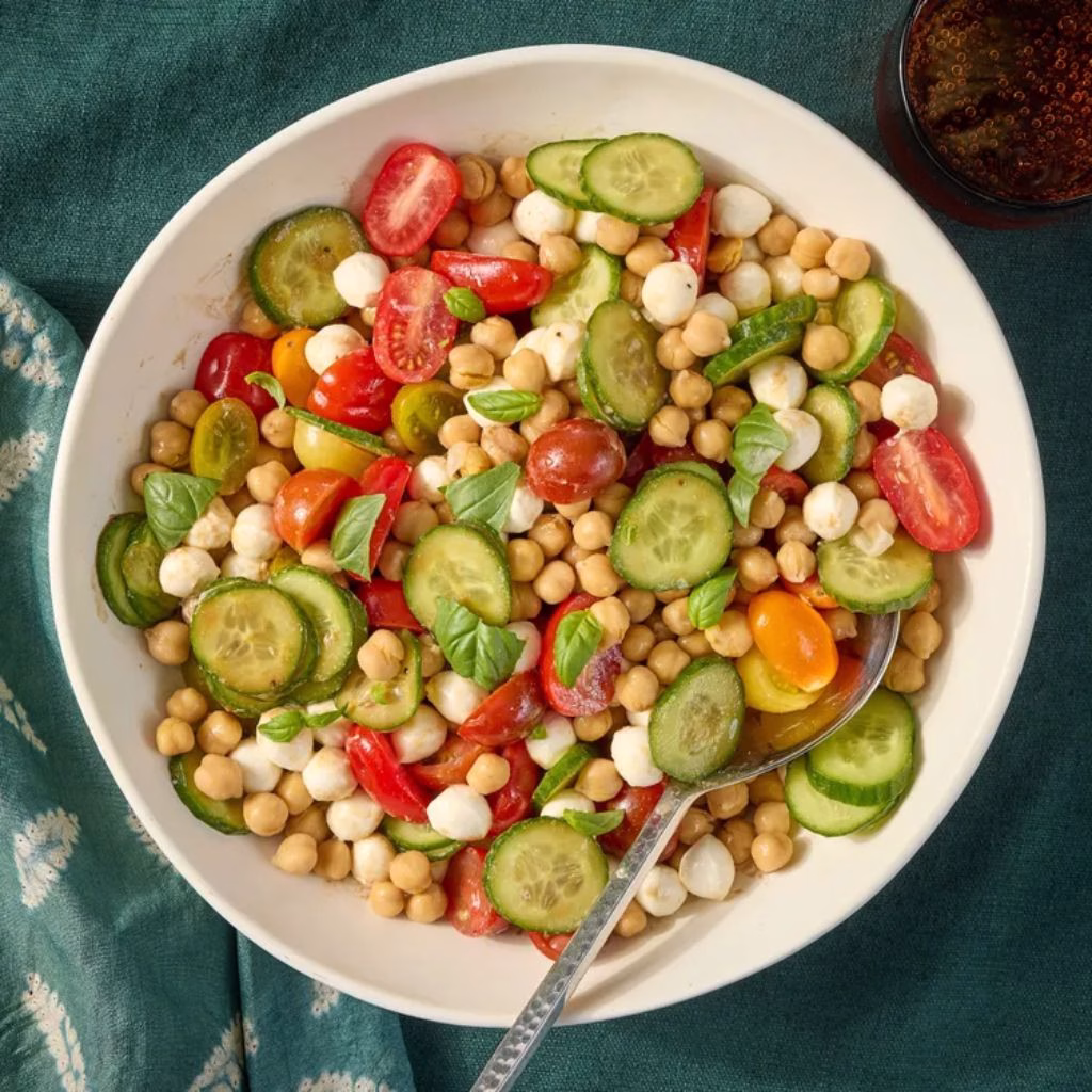Cucumber Chickpea Caprese Salad