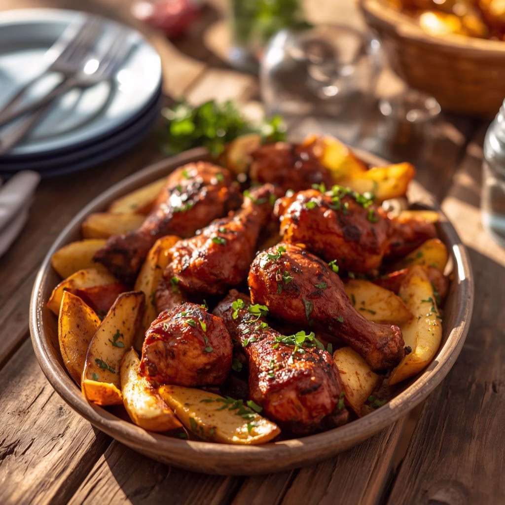Easy BBQ Chicken Drumsticks & Crispy Potato Wedges Platter
