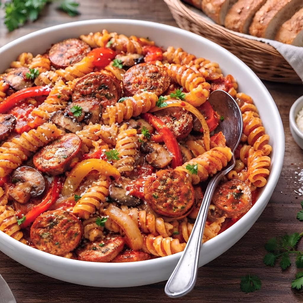 Fusili Pasta with Sausage, Peppers, Onions and Mushrooms Recipe
