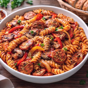 Fusili Pasta with Sausage, Peppers, Onions and Mushrooms Recipe