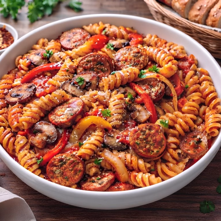 Fusili Pasta with Sausage, Peppers, Onions and Mushrooms Recipe