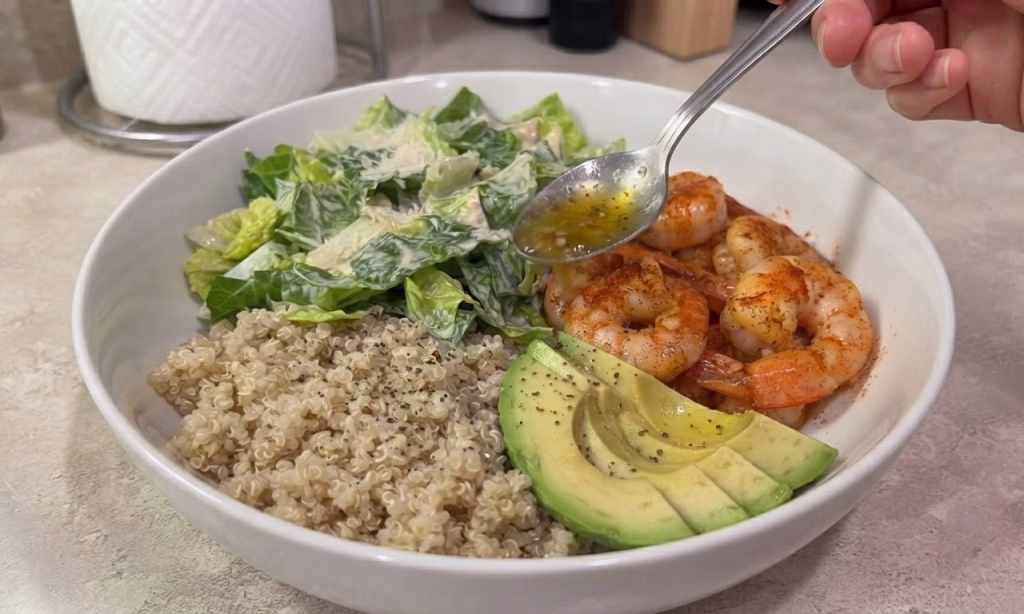 Garlic Butter Shrimp Bowl with Avocado & Caesar Salad Recipe