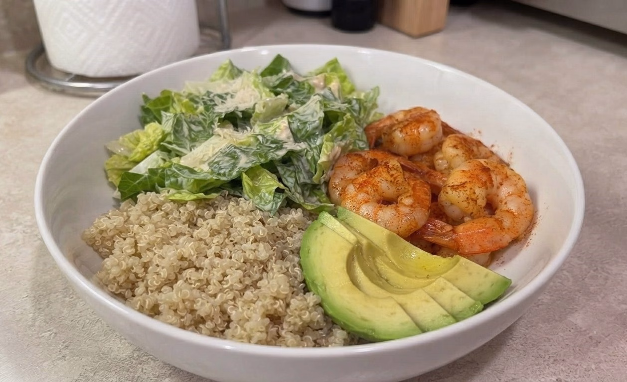 Garlic Butter Shrimp Bowl with Avocado & Caesar Salad Recipe