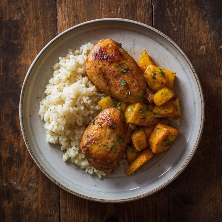 Garlic Herb Chicken with Roasted Squash & Rice Recipe