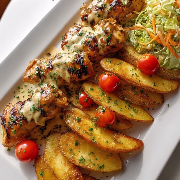 Garlic Parmesan Chicken Kebabs & Crispy Potato Wedges Recipe