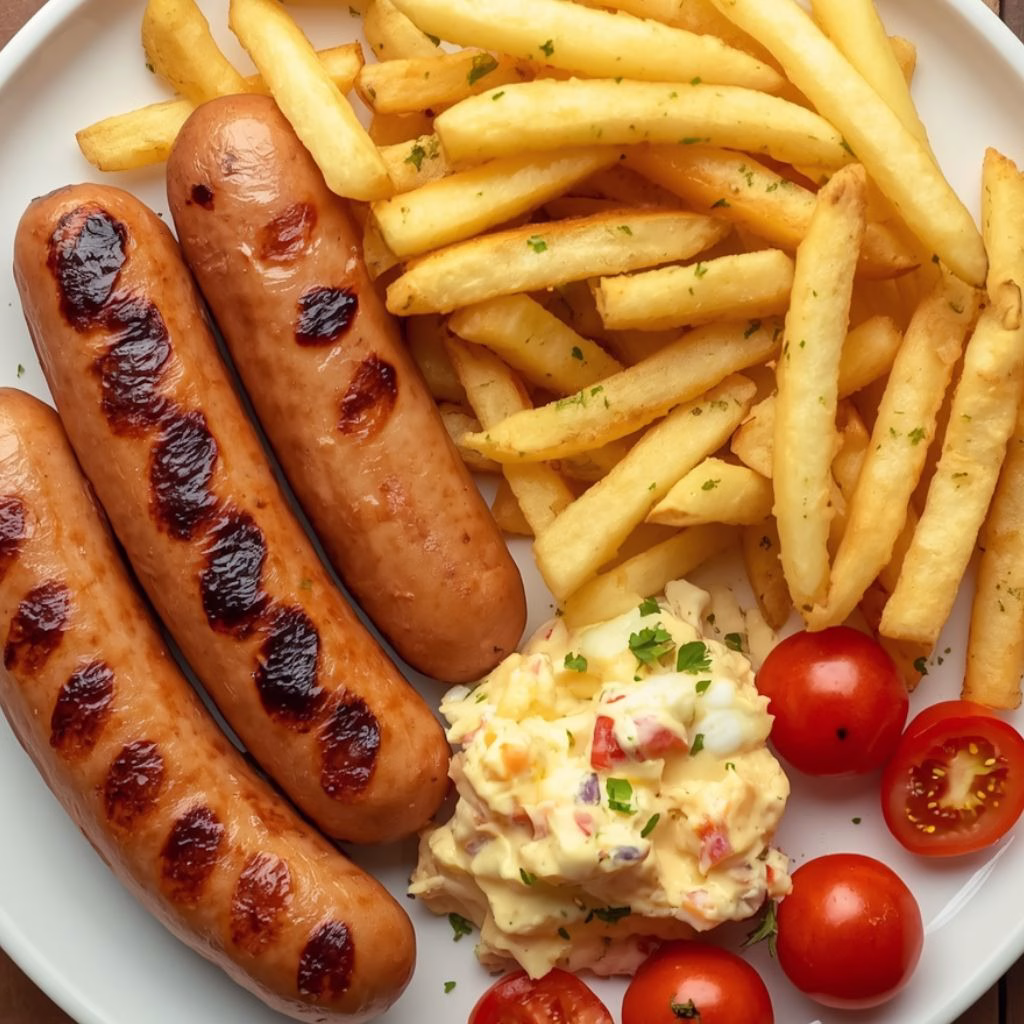 Grilled Sausages with Fries & Creamy Egg Salad Recipe