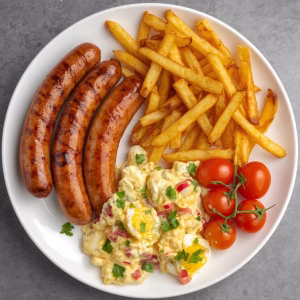 Grilled Sausages with Fries & Creamy Egg Salad Recipe