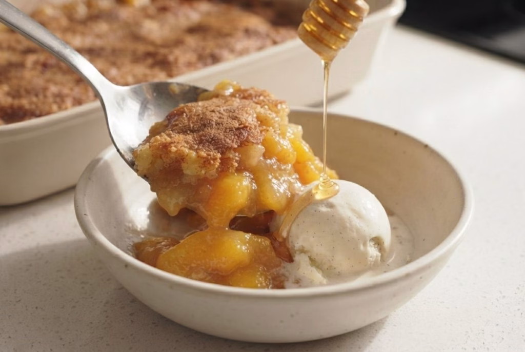 Hot Honey Peaches and Cream Dump Cake Recipe