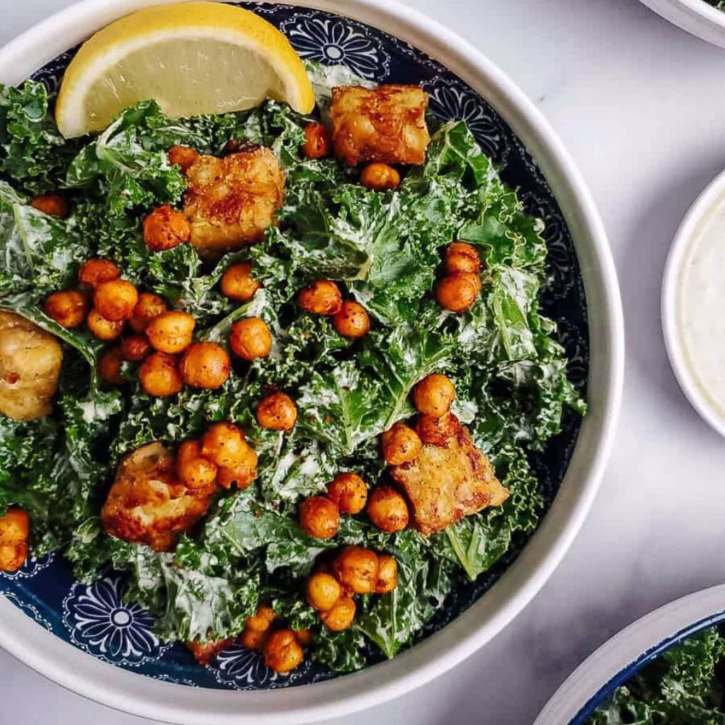 Kale Caesar Salad with Tempeh & Chickpea Croutons