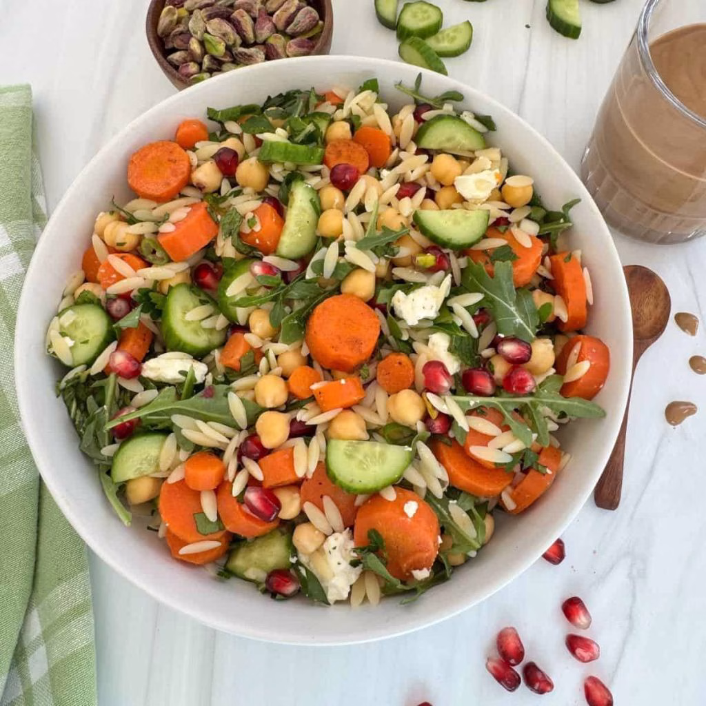 Mediterranean Orzo Salad with Chickpeas and Tahini Dressing
