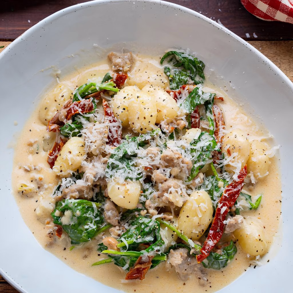 One Pan Creamy Tuscan Sausage Gnocchi Recipe