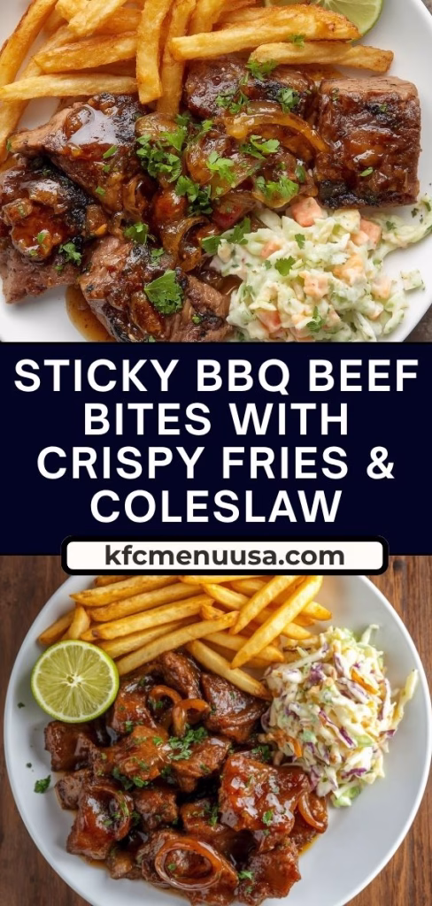 Sticky BBQ Beef Bites with Crispy Fries & Coleslaw Recipe