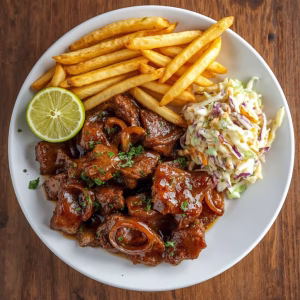 Sticky BBQ Beef Bites with Crispy Fries & Coleslaw Recipe