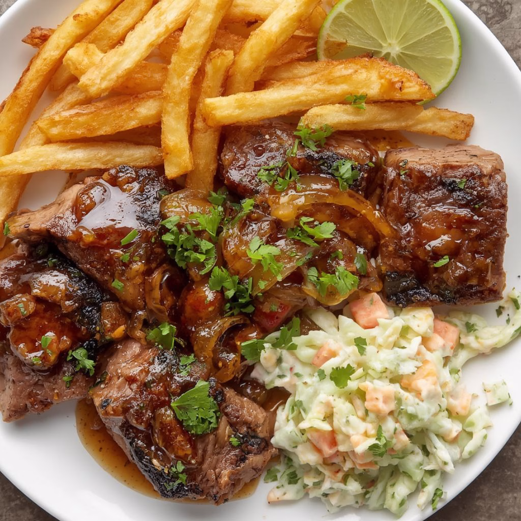 Sticky BBQ Beef Bites with Crispy Fries & Coleslaw Recipe
