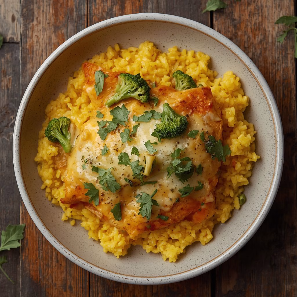 Cheesy Broccoli Chicken and Yellow Rice