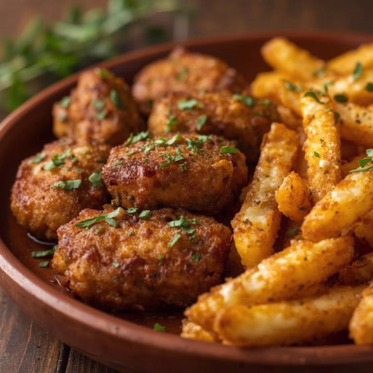 Garlic Herb Steak Nuggets & Crispy Parmesan Fries Recipe
