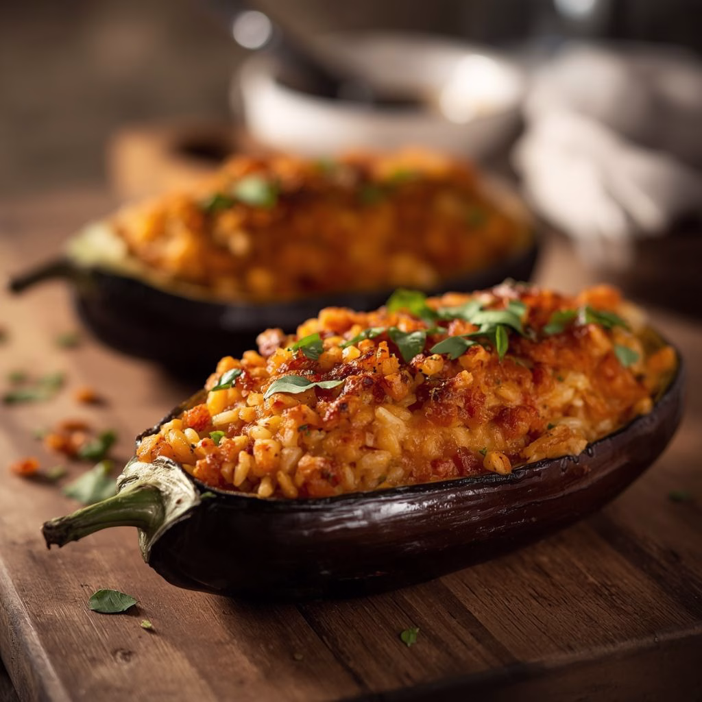 Baked Stuffed Eggplant with Rice Recipe