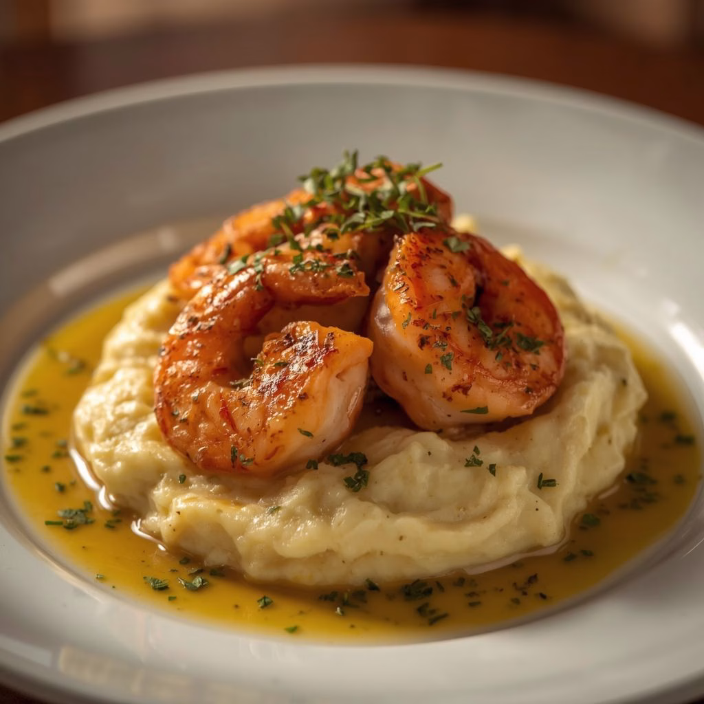 Cajun Salmon Shrimp with Creamy Garlic Sauce Over Mashed Potatoes