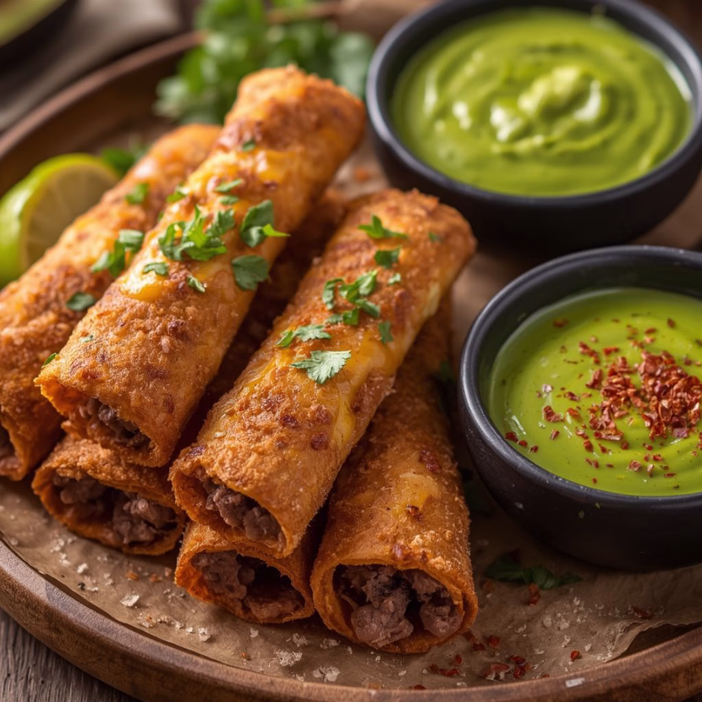 Crispy Cheesy Beef Taquitos with Avocado Sauce