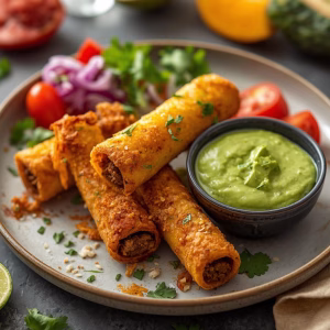 Crispy Cheesy Beef Taquitos with Avocado Sauce
