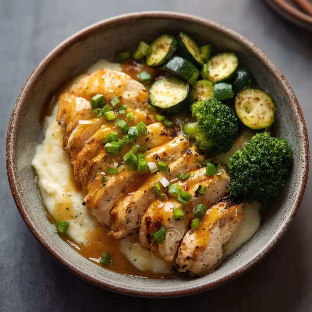 Grainy Mustard Chicken Bowl with Veggies & Mashed Potatoes Recipe

